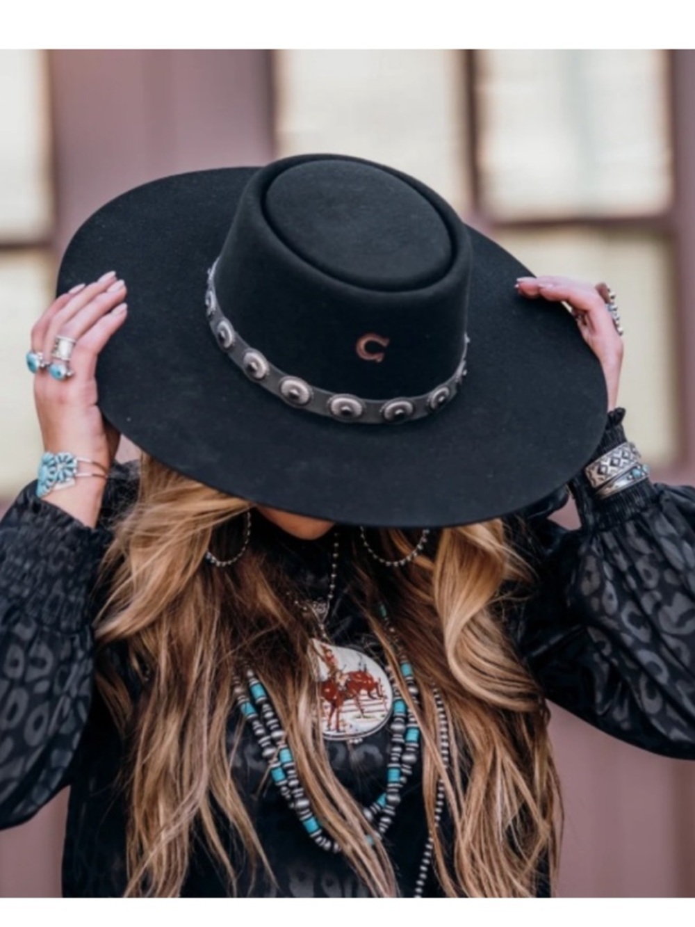 Charlie Horse High Desert 4x wool wide brim hat black silver conches around brim